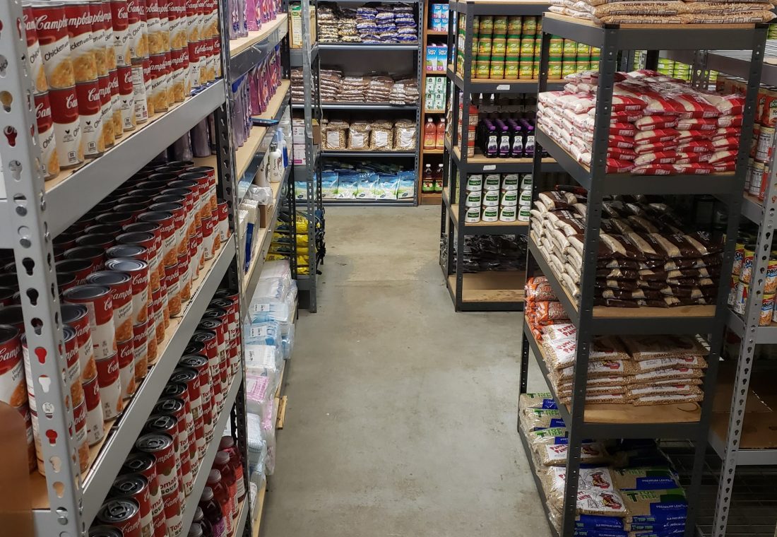 food pantry stocked shelves
