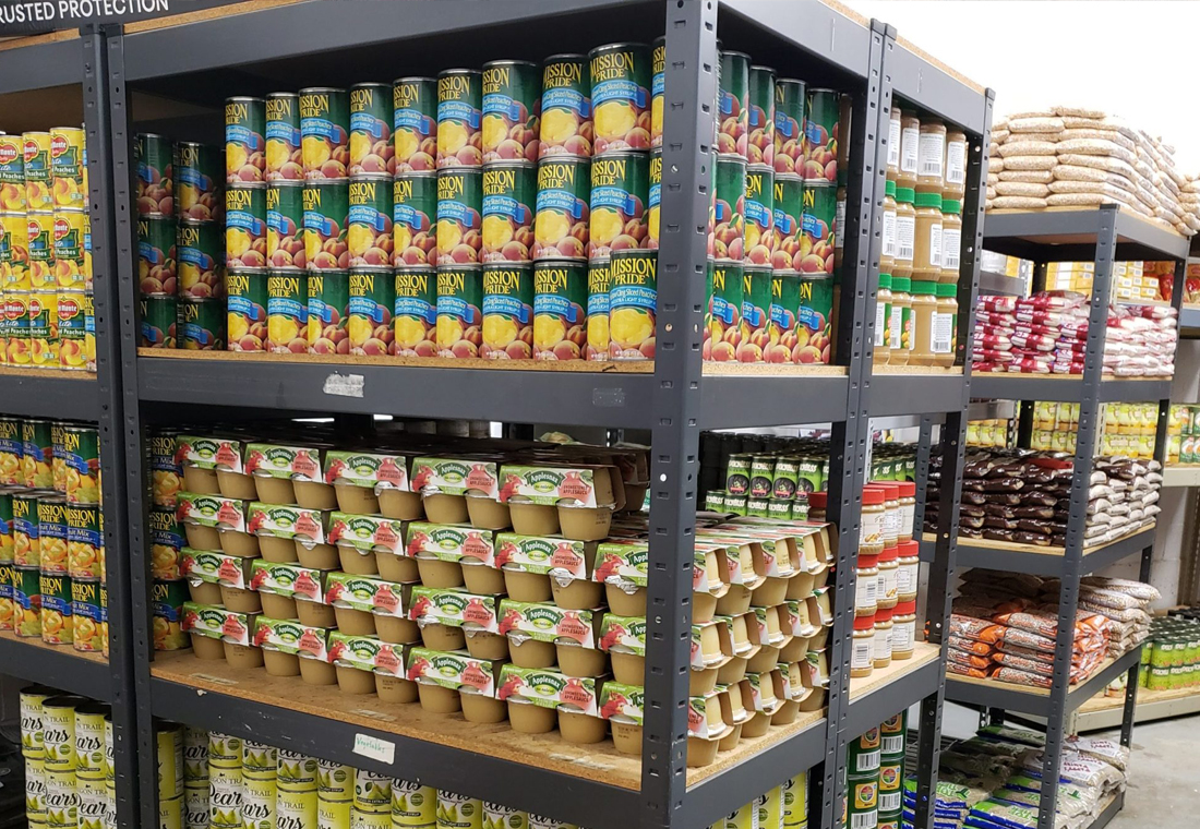 food pantry stocked shelves